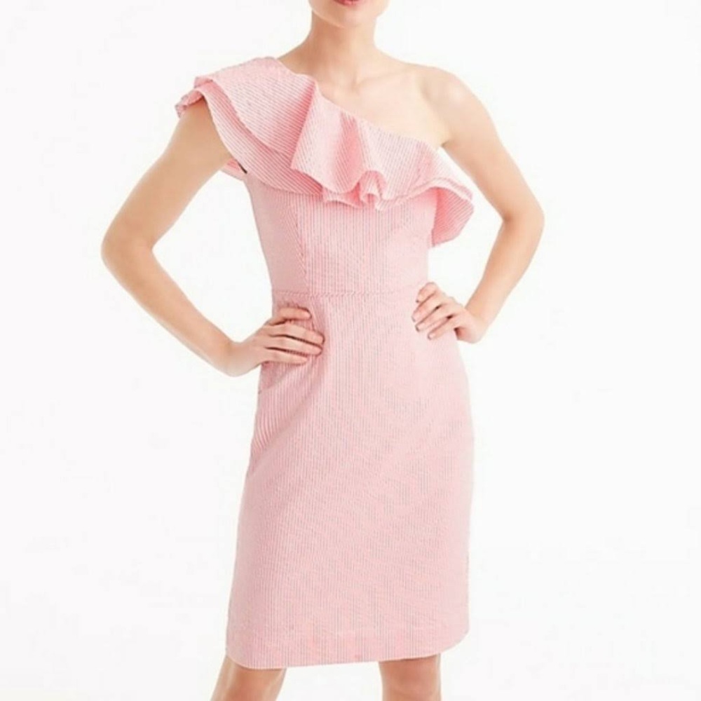 J.Crew One Shoulder Ruffle Seersucker Dress